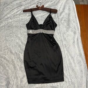 AKIRA Black Satin Bodycon Mini Dress with Silver Rhinestone Diamond Detailing